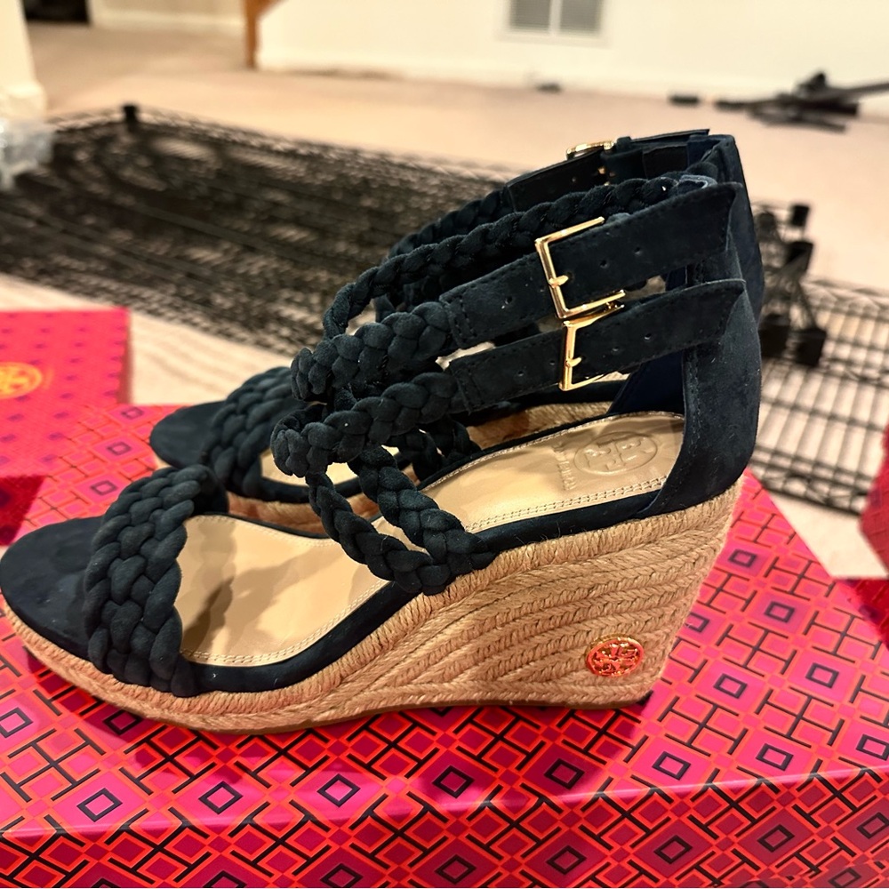 Tory Burch Blue and Tan Wedge Sandals